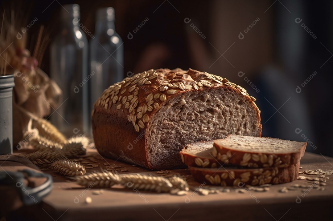 Pão integral orgânico e saudável caseiro em uma mesa de madeira.