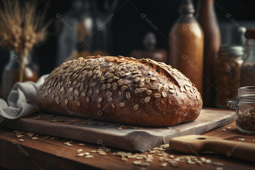 Pão integral orgânico e saudável caseiro em uma mesa de madeira.