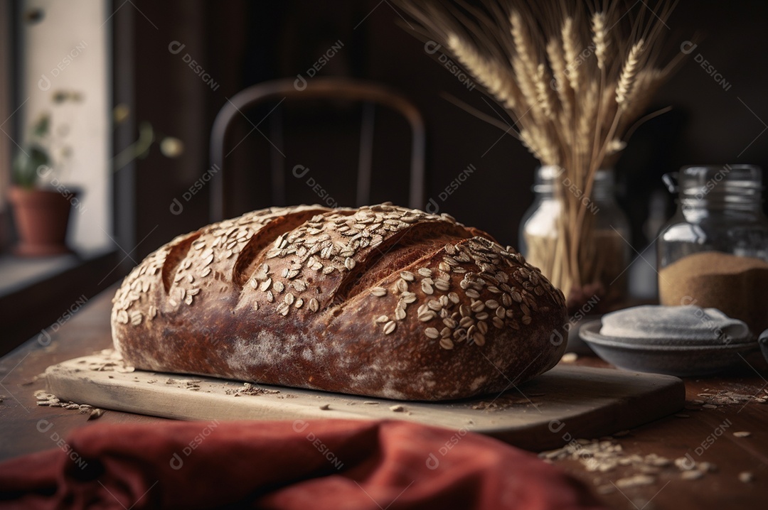 Pão integral orgânico e saudável caseiro em uma mesa de madeira.