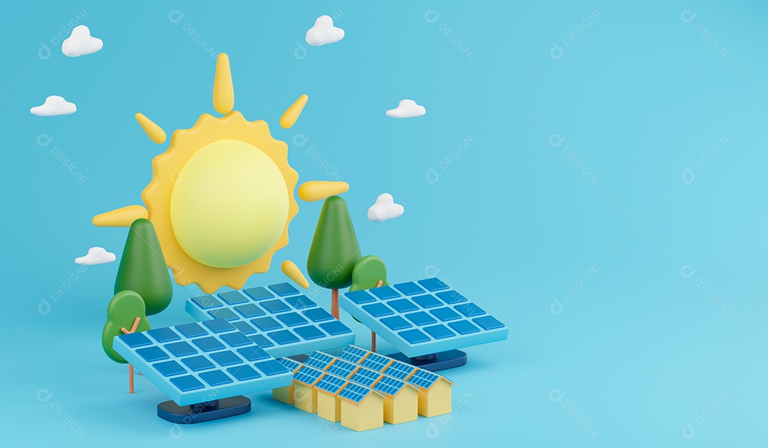 Ilustração 3d isométrica do conceito de energia solar. Painéis solares, sol e vila com células solares no telhado.