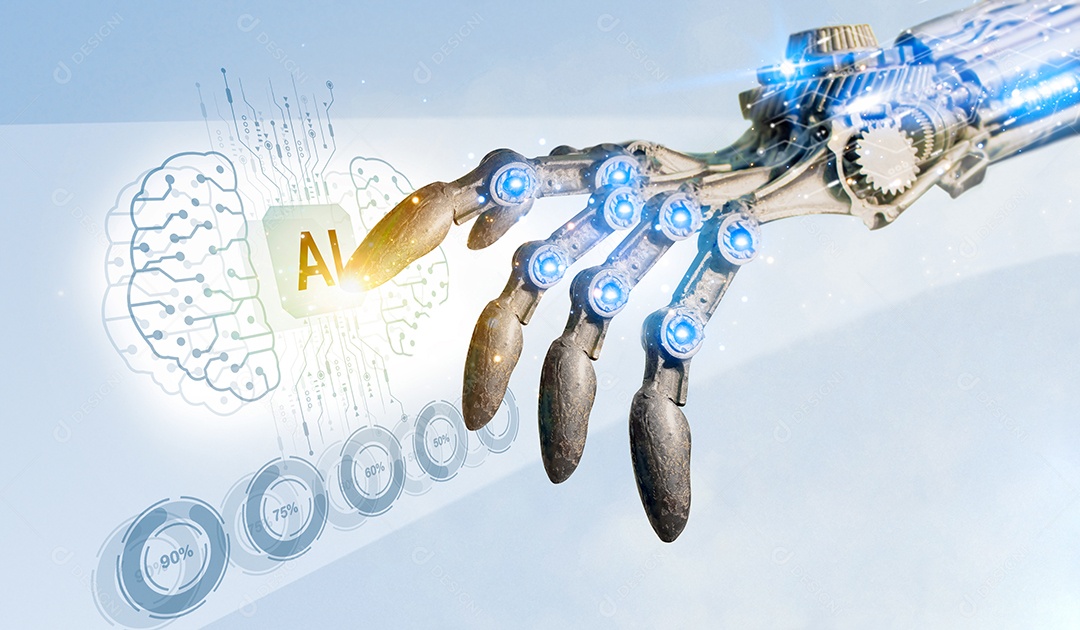 Mão do robô AI segurando o conceito de inteligência artificial. exposição dupla de renderização 3D