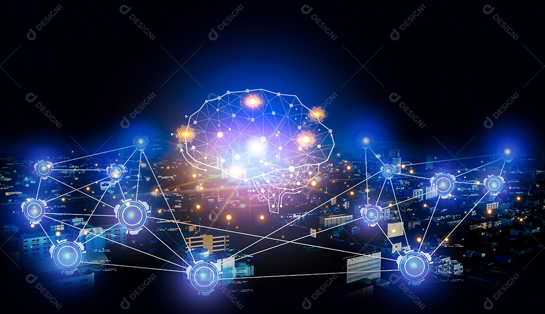 Imagem de fundo conceitual com linhas de conexão social e ícones na paisagem urbana durante a noite