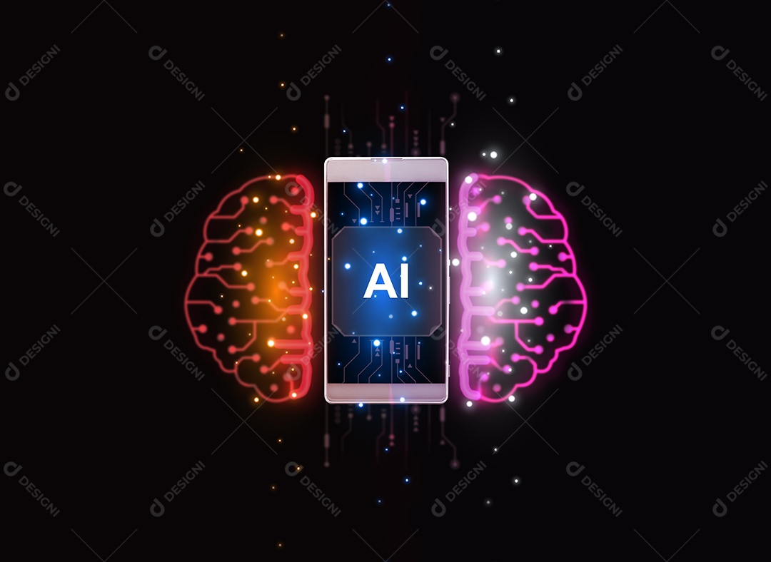 IA Inteligência artificial. Smartphone com cérebro brilhante e ícone de inteligência artificial. Conceito de tecnologia moderna.
