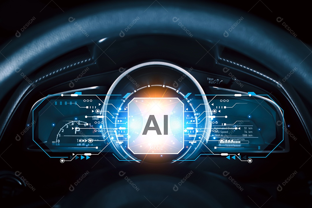 Feche o volante do carro com interface AI. Conceito de inteligência artificial