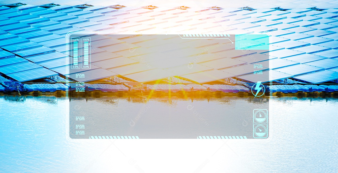 Interface HUD de tela em branco de painéis solares contra a luz solar no fundo, conceito de tecnologia de energia de células solares.