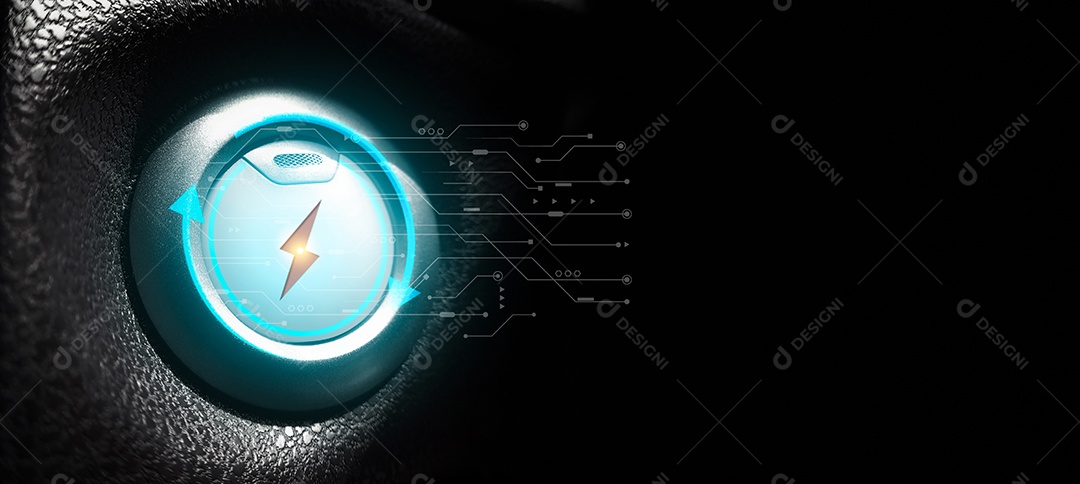 Feche o botão de energia elétrica exibido em uma interface futurista com espaço de cópia, conceito de tecnologia futura.