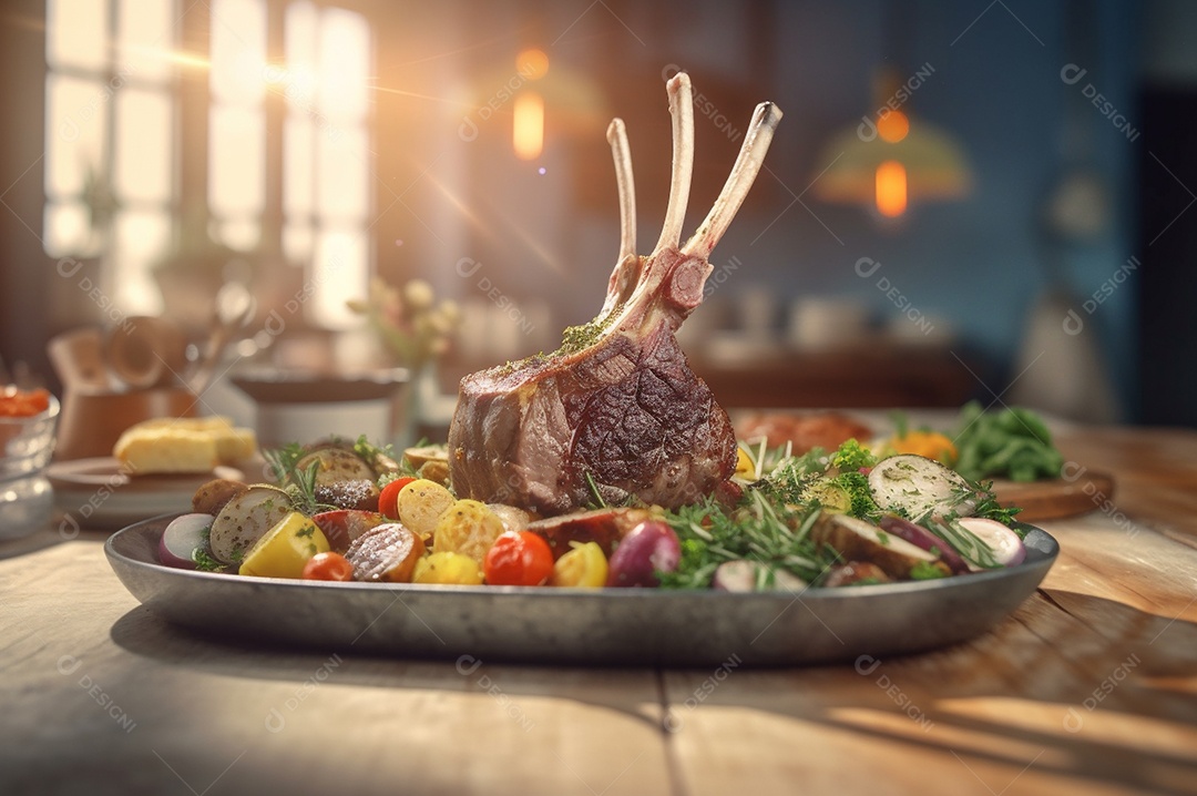 Costela de borrego grelhada na tábua de madeira com especiarias e condimentos.