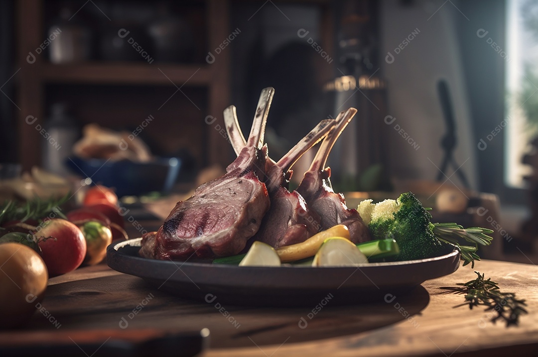 Costela de borrego grelhada na tábua de madeira com especiarias e condimentos.