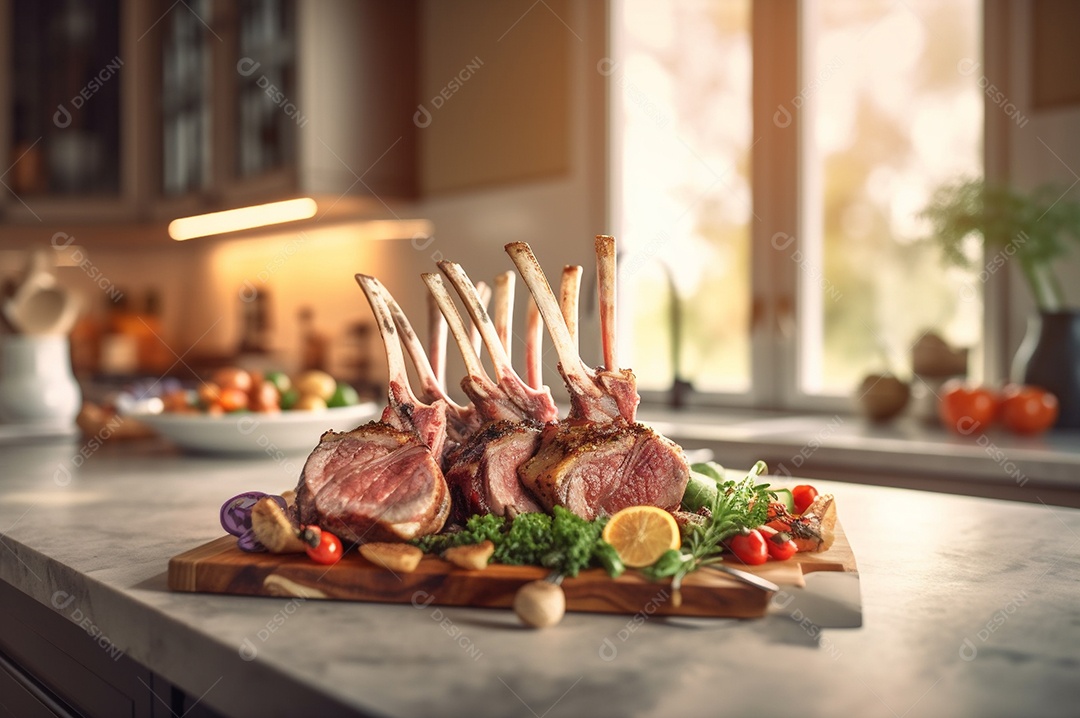 Costela de borrego grelhada na tábua de madeira com especiarias e condimentos.