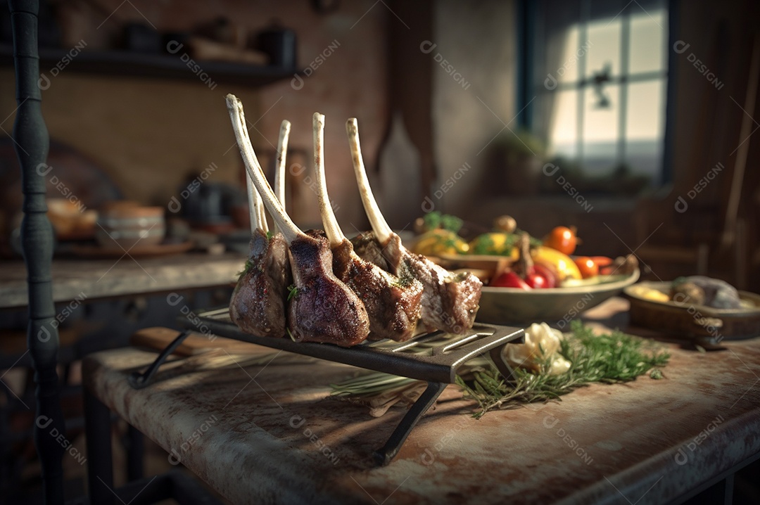 Costela de borrego grelhada na tábua de madeira com especiarias e condimentos.