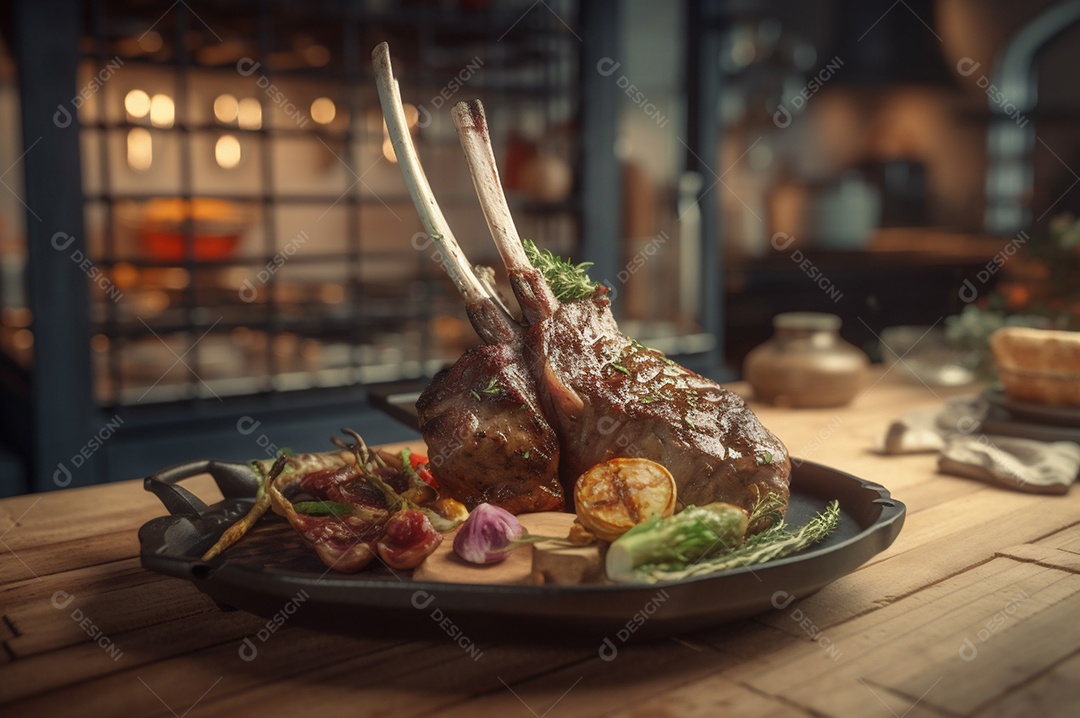 Costela de borrego grelhada na tábua de madeira com especiarias e condimentos.