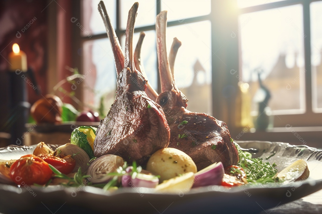 Costela de borrego grelhada na tábua de madeira com especiarias e condimentos.