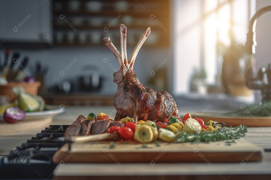 Costela de borrego grelhada na tábua de madeira com especiarias e condimentos.