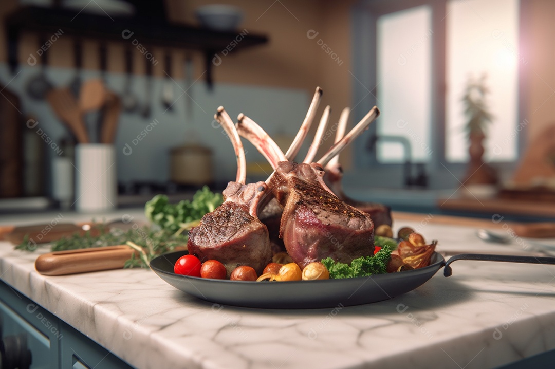 Costela de borrego grelhada na tábua de madeira com especiarias e condimentos.