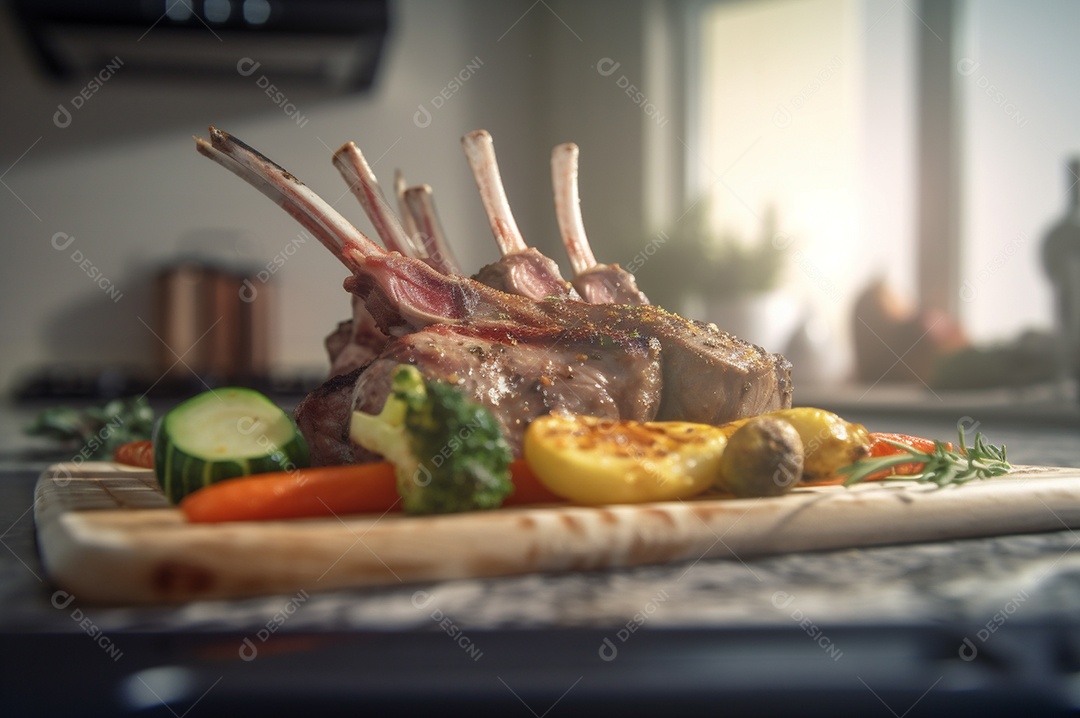 Costela de borrego grelhada na tábua de madeira com especiarias e condimentos.