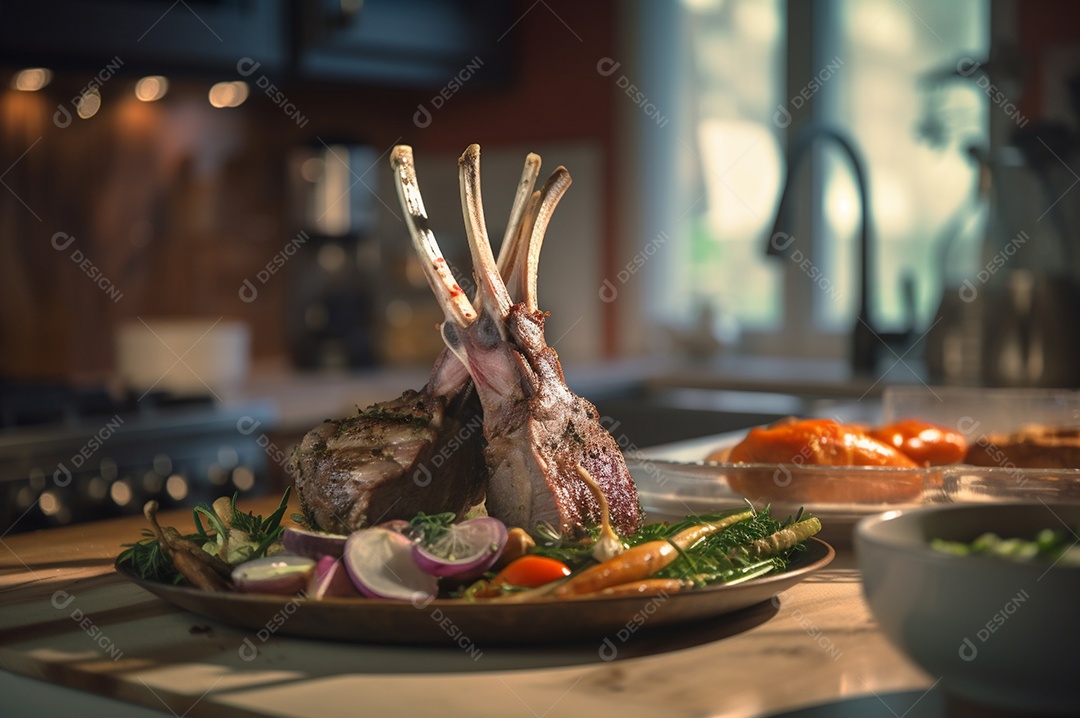 Costela de borrego grelhada na tábua de madeira com especiarias e condimentos.