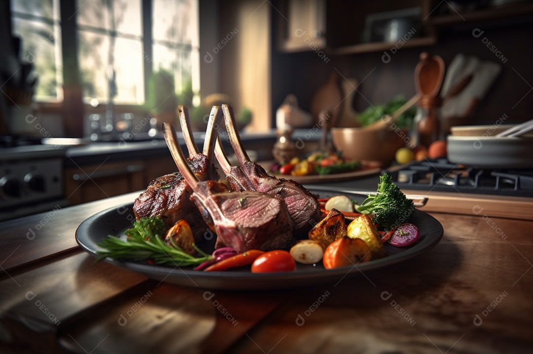 Costela de borrego grelhada na tábua de madeira com especiarias e condimentos.