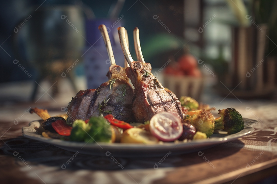 Costela de borrego grelhada na tábua de madeira com especiarias e condimentos.