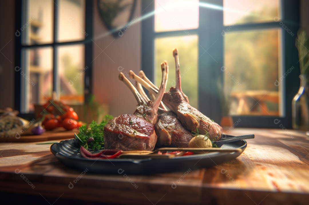 Costela de borrego grelhada na tábua de madeira com especiarias e condimentos.