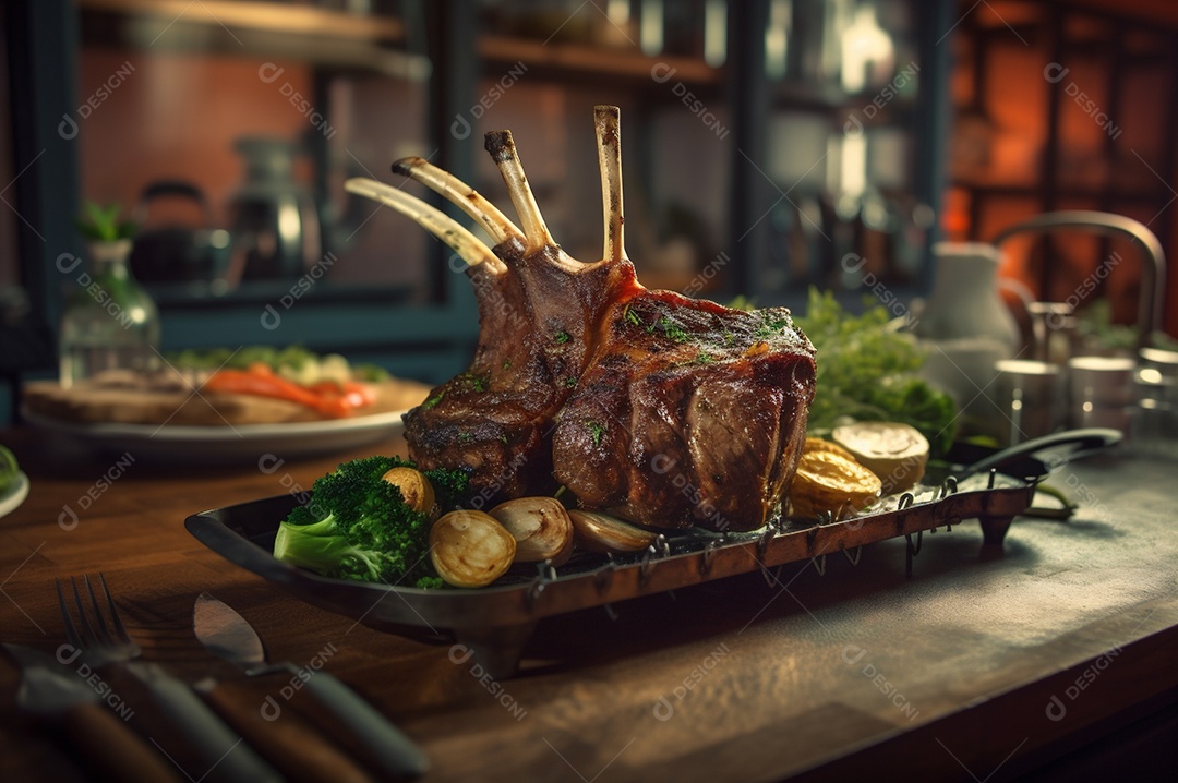 Costela de borrego grelhada na tábua de madeira com especiarias e condimentos.