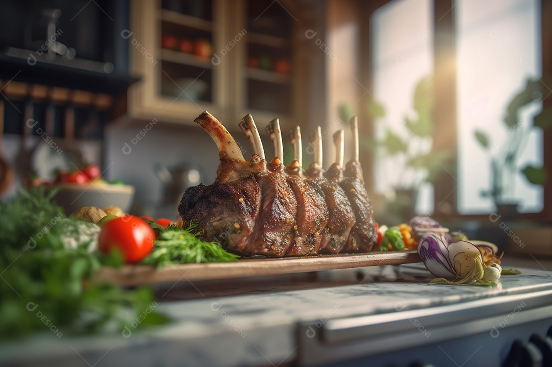 Costela de borrego grelhada na tábua de madeira com especiarias e condimentos.