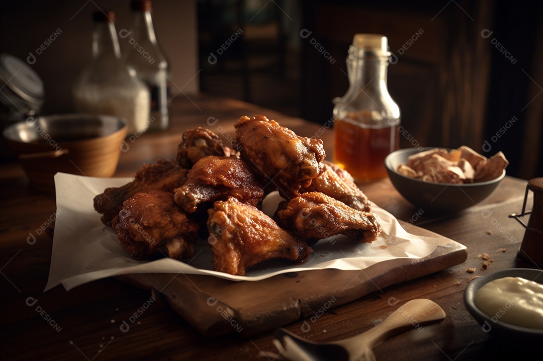 Porção de delicioso frango frito empanado crocante na mesa de madeira rústica.