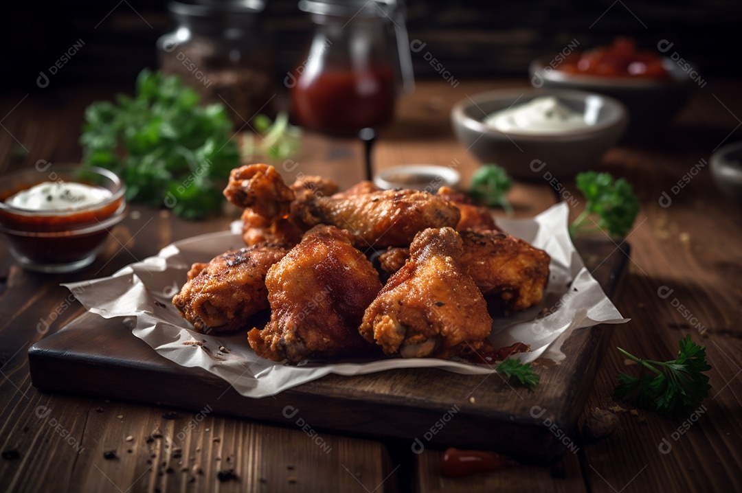 Porção de delicioso frango frito empanado crocante na mesa de madeira rústica.