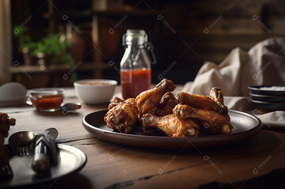 Porção de delicioso frango frito empanado crocante na mesa de madeira rústica.