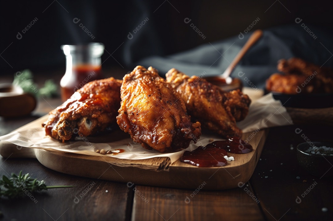 Porção de delicioso frango frito empanado crocante na mesa de madeira rústica.