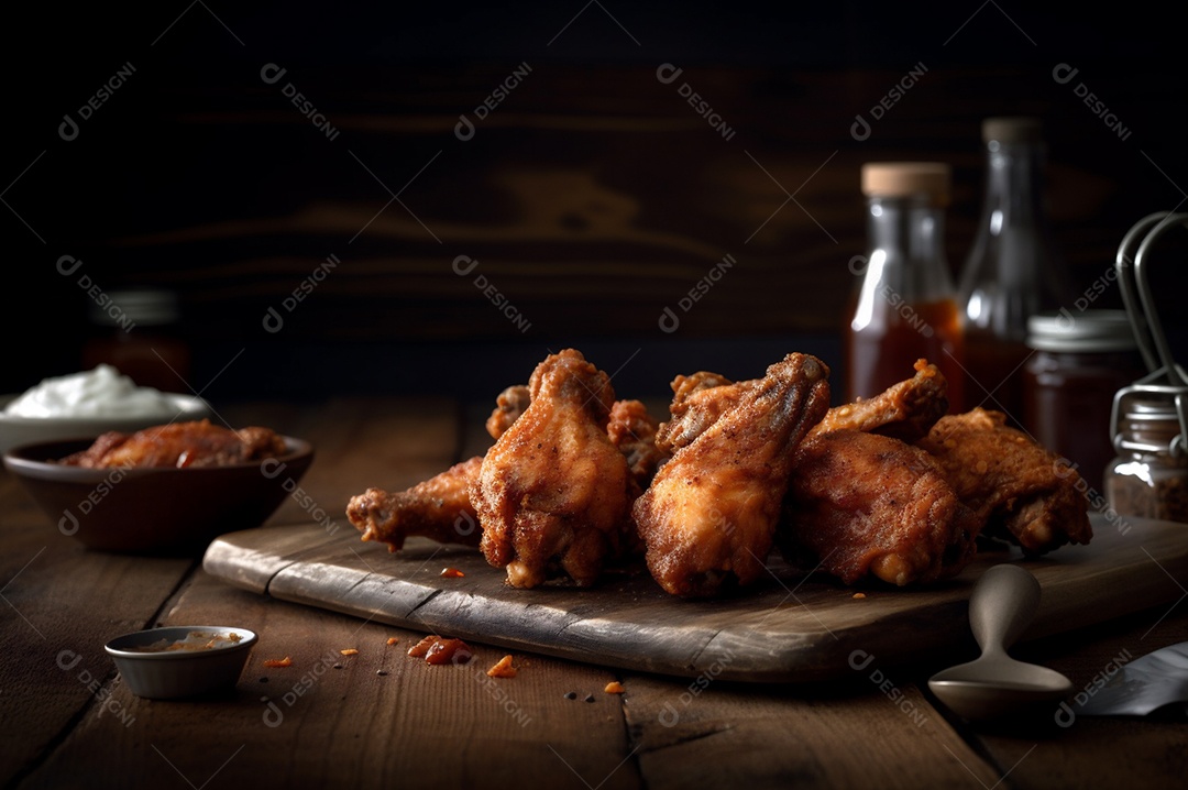 Porção de delicioso frango frito empanado crocante na mesa de madeira rústica.
