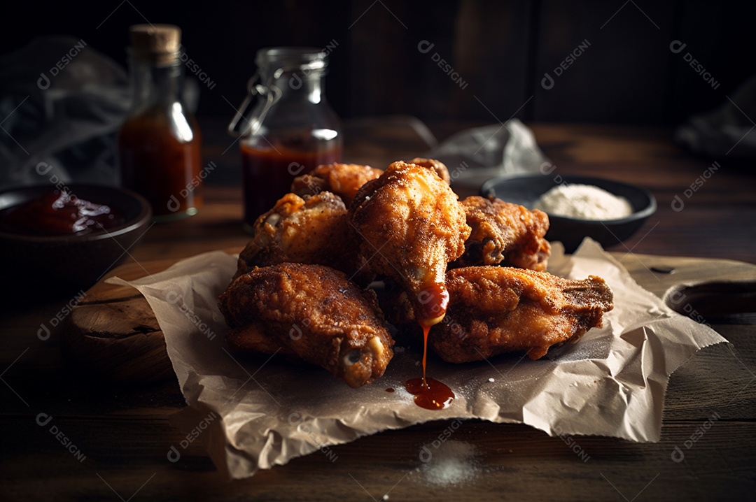 Porção de delicioso frango frito empanado crocante na mesa de madeira rústica.