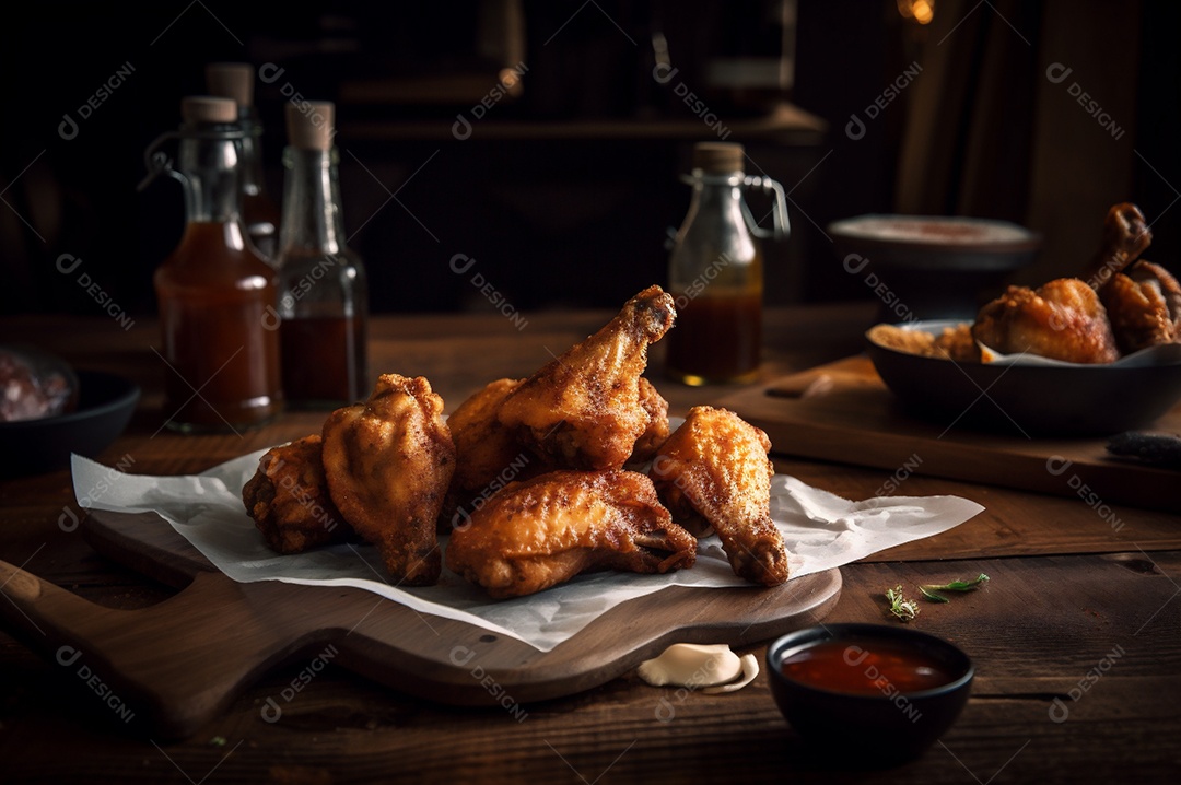 Porção de delicioso frango frito empanado crocante na mesa de madeira rústica.