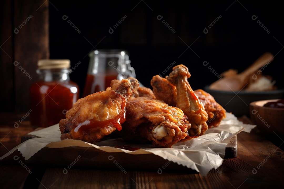 Porção de delicioso frango frito empanado crocante na mesa de madeira rústica.