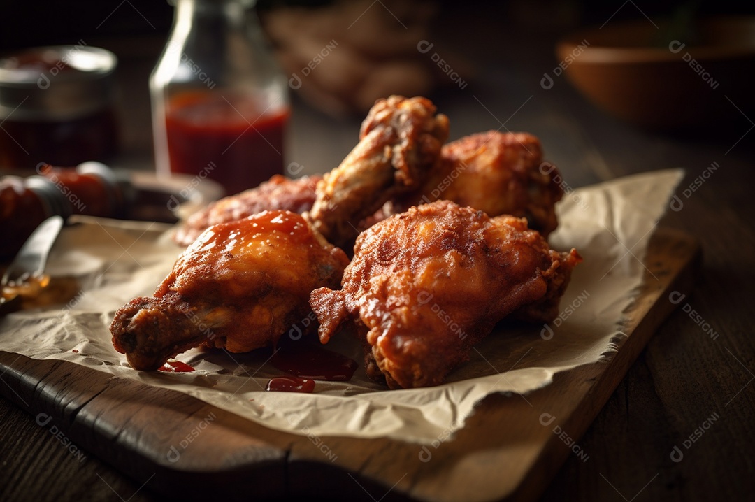 Porção de delicioso frango frito empanado crocante na mesa de madeira rústica.