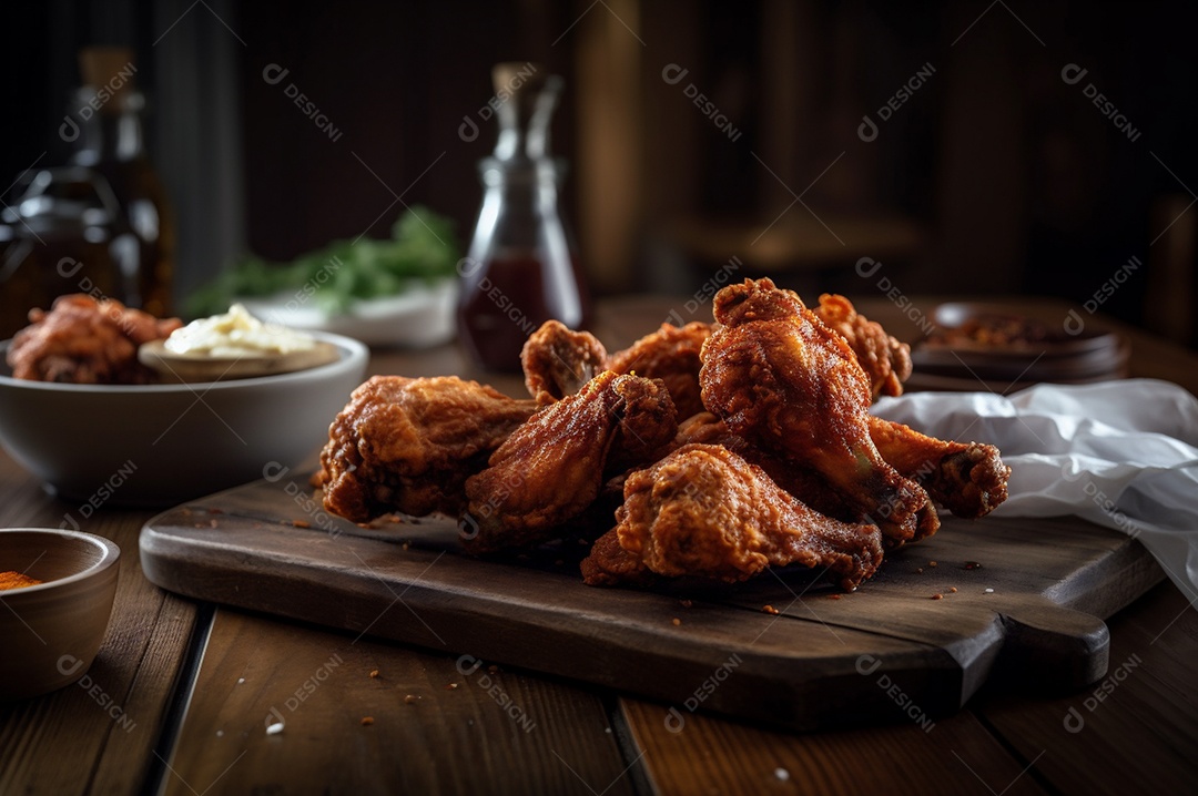 Porção de delicioso frango frito empanado crocante na mesa de madeira rústica.