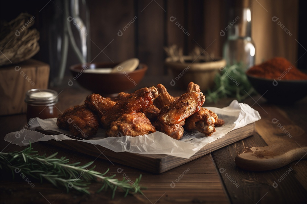 Porção de delicioso frango frito empanado crocante na mesa de madeira rústica.