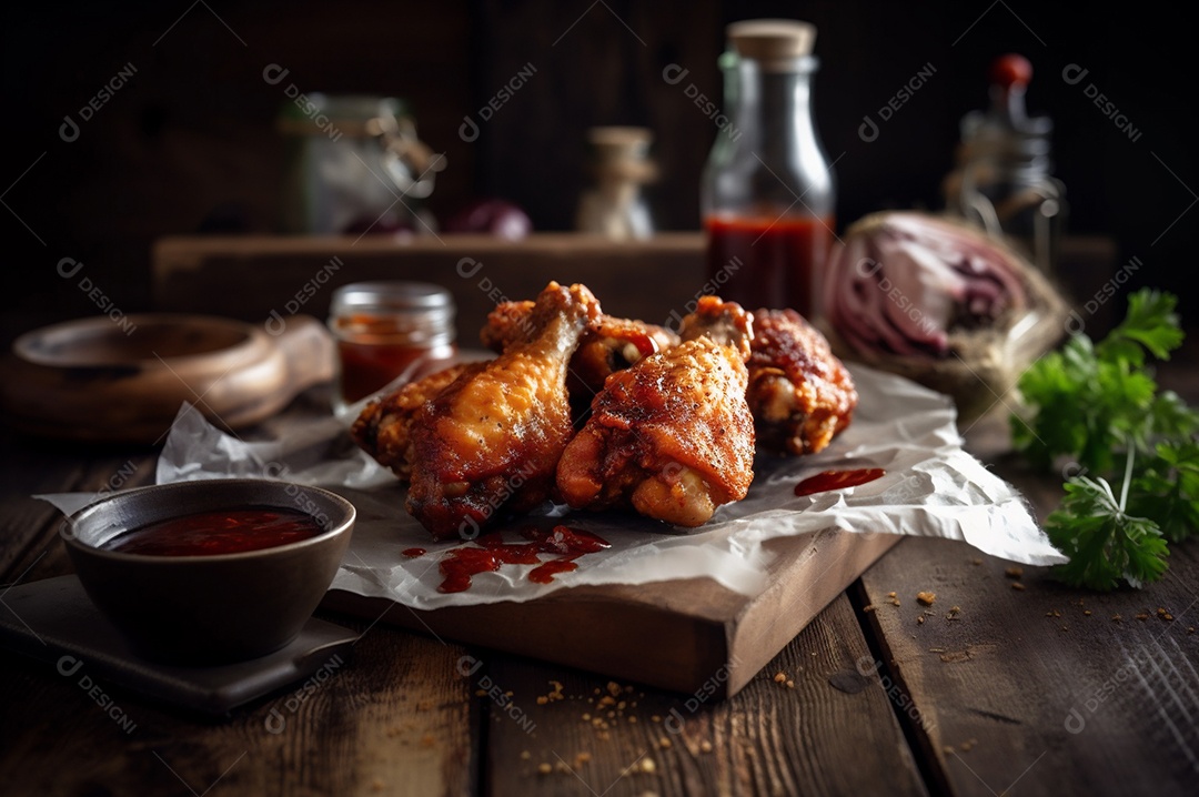 Porção de delicioso frango frito empanado crocante na mesa de madeira rústica.