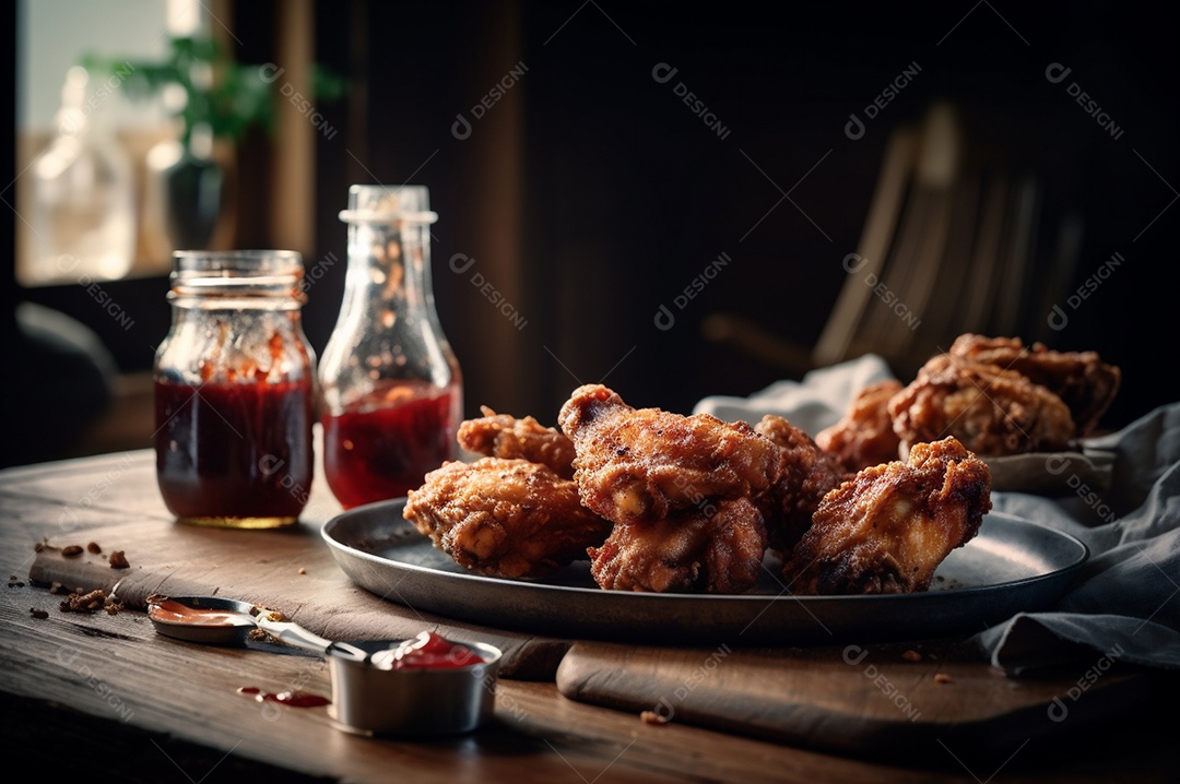 Porção de delicioso frango frito empanado crocante na mesa de madeira rústica.