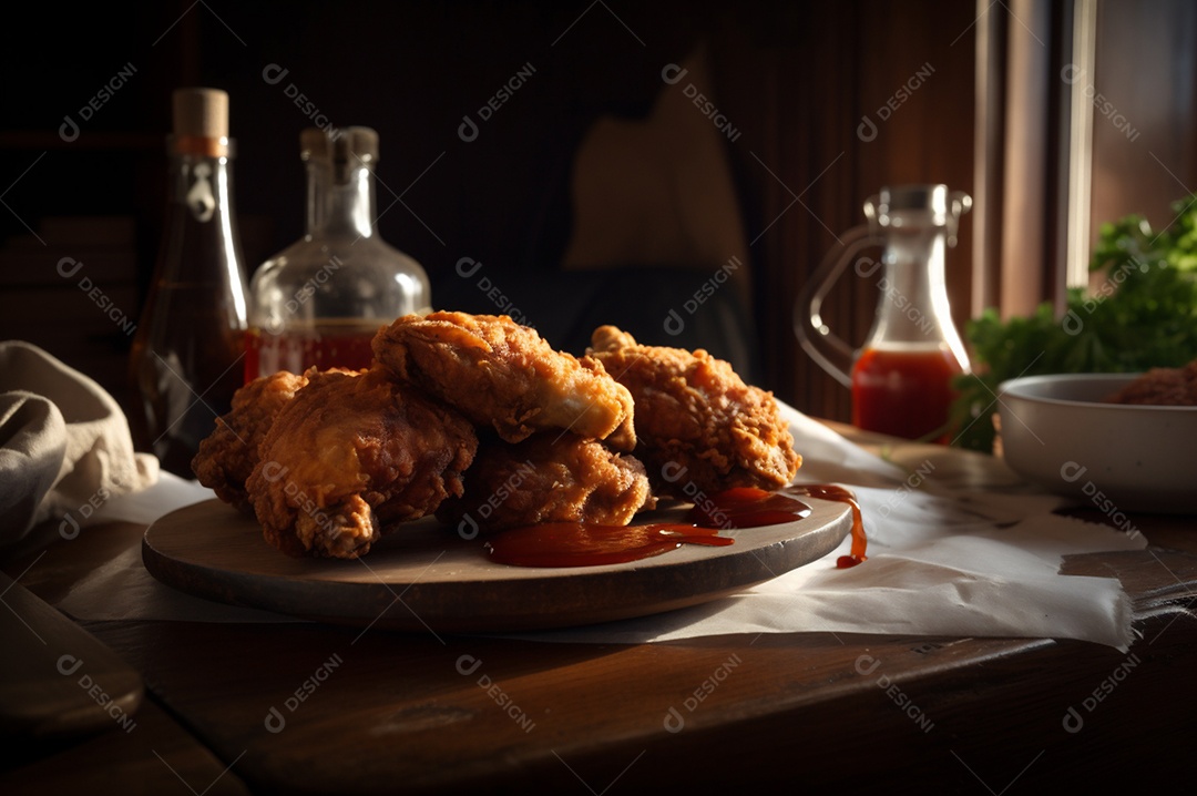 Porção de delicioso frango frito empanado crocante na mesa de madeira rústica.