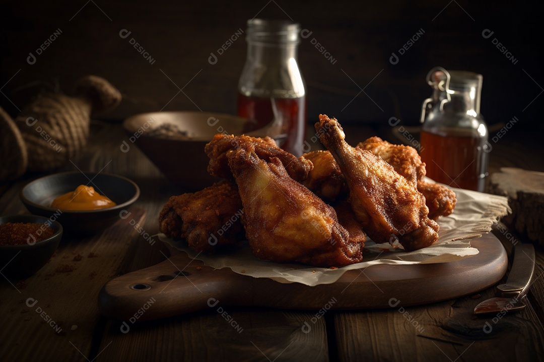 Porção de delicioso frango frito empanado crocante na mesa de madeira rústica.