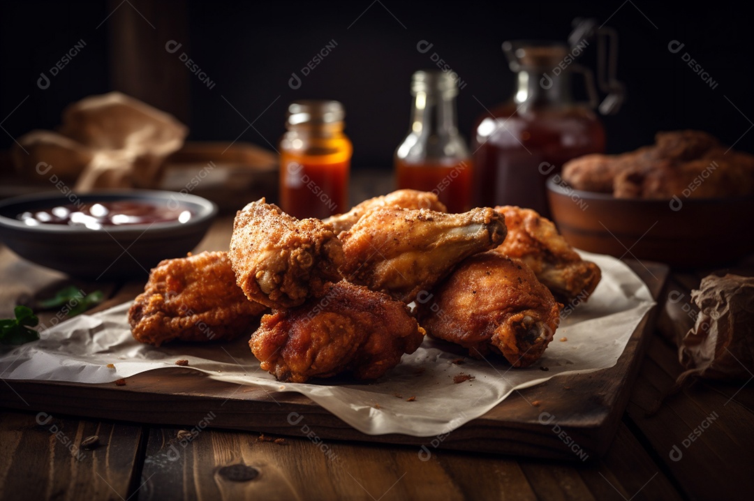 Porção de delicioso frango frito empanado crocante na mesa de madeira rústica.
