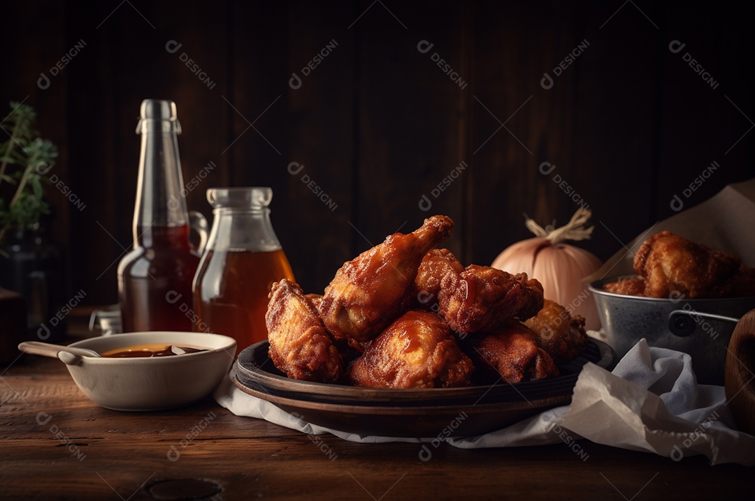 Porção de delicioso frango frito empanado crocante na mesa de madeira rústica.