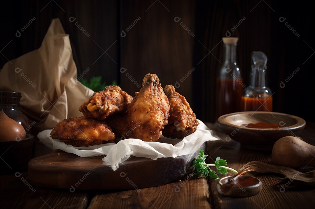 Porção de delicioso frango frito empanado crocante na mesa de madeira rústica.