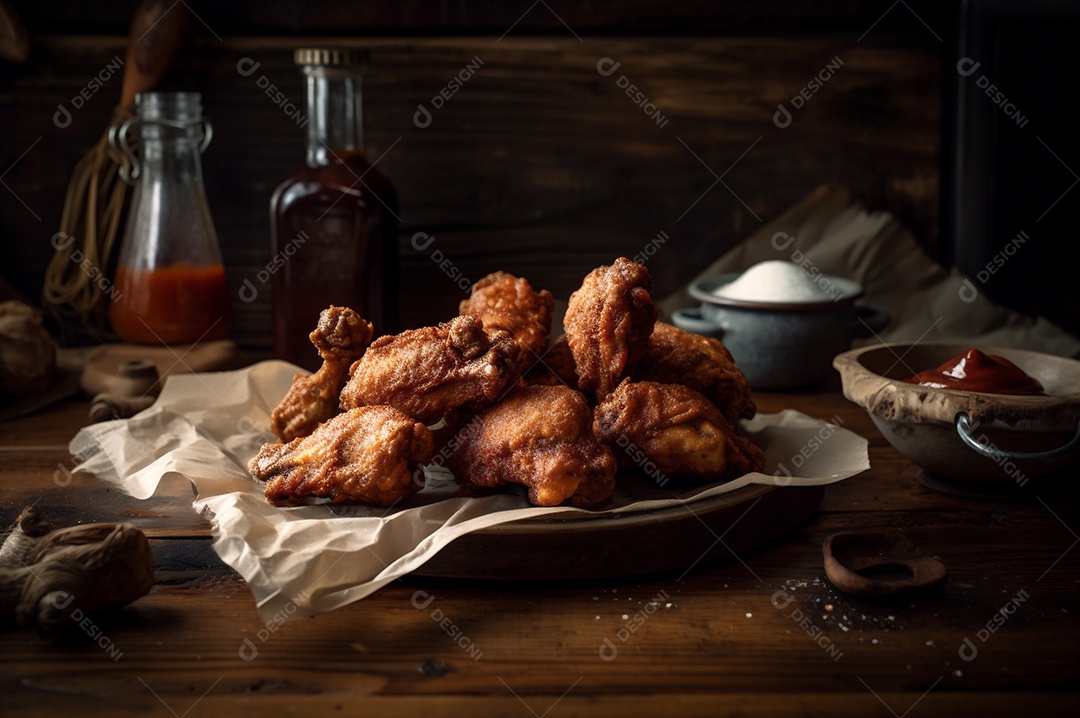 Porção de delicioso frango frito empanado crocante na mesa de madeira rústica.