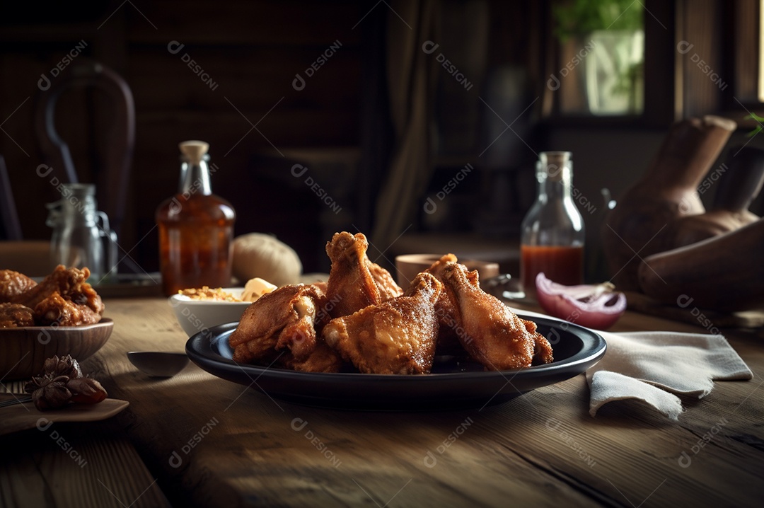 Porção de delicioso frango frito empanado crocante na mesa de madeira rústica.