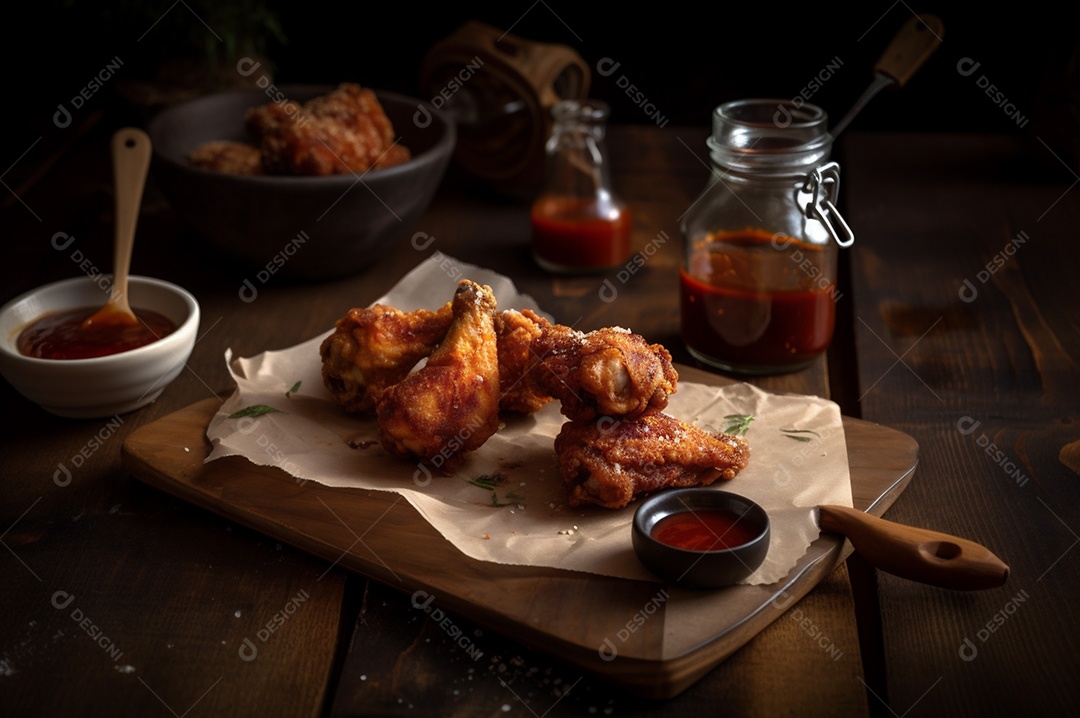 Porção de delicioso frango frito empanado crocante na mesa de madeira rústica.