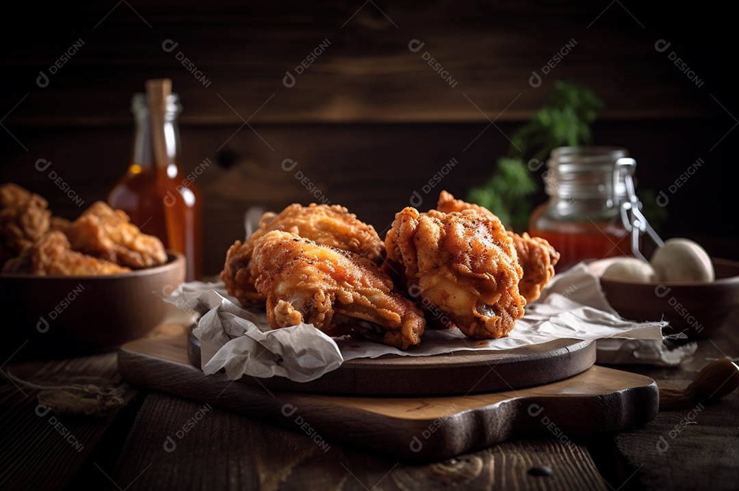 Porção de delicioso frango frito empanado crocante na mesa de madeira rústica.