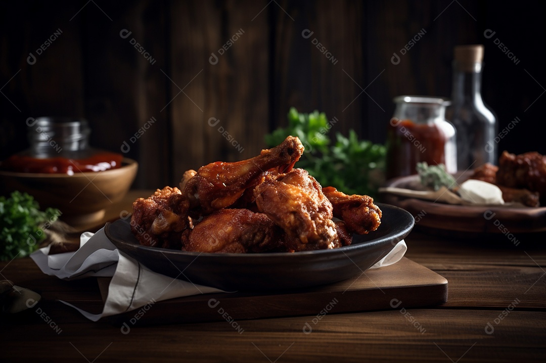 Porção de delicioso frango frito empanado crocante na mesa de madeira rústica.