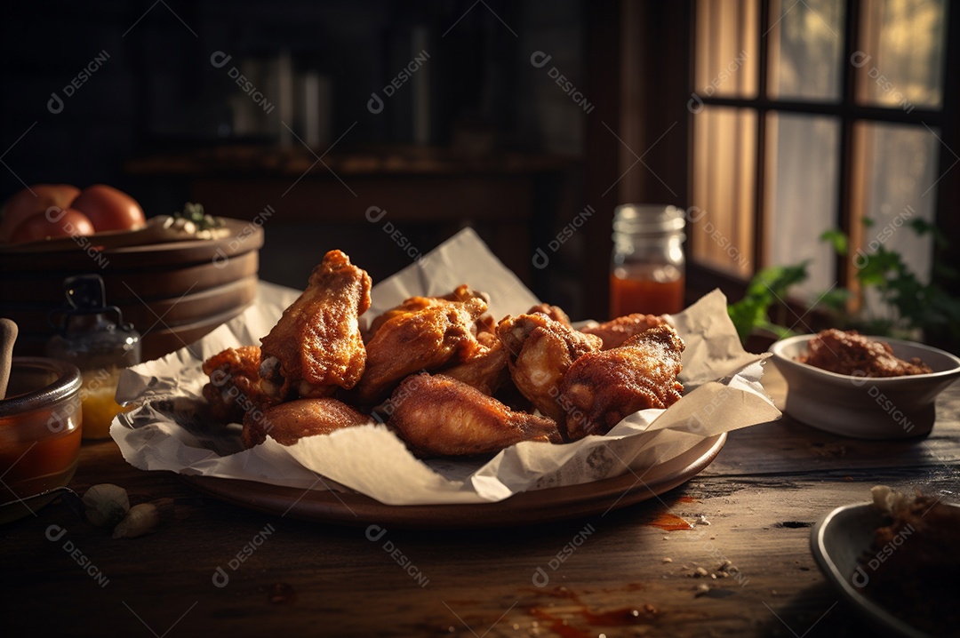 Porção de delicioso frango frito empanado crocante na mesa de madeira rústica.