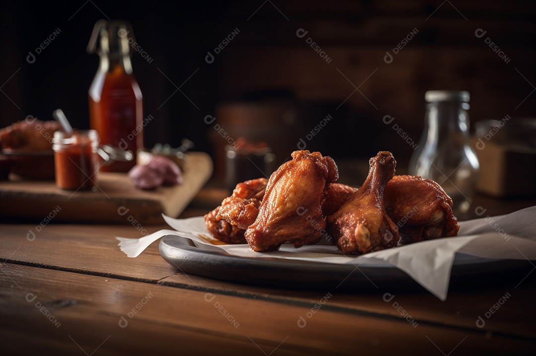 Porção de delicioso frango frito empanado crocante na mesa de madeira rústica.